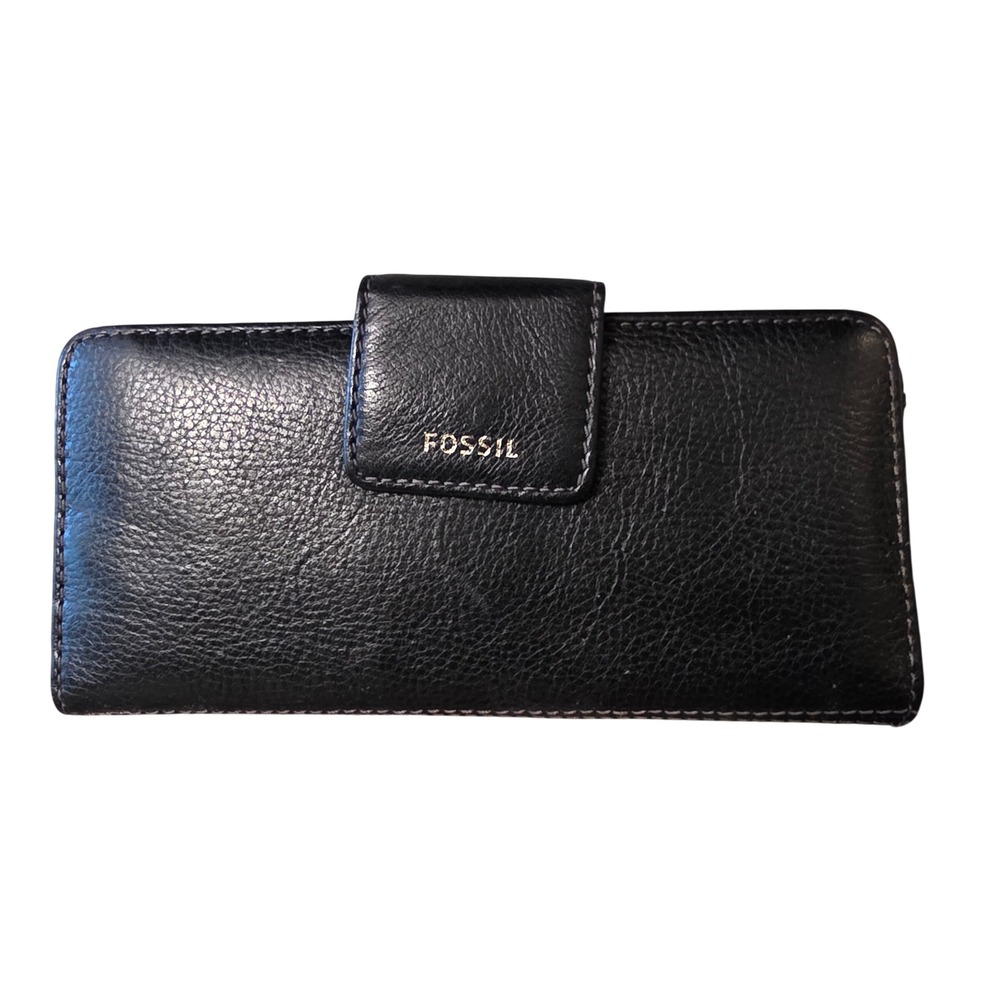 Fossil‎ Womens Black Pebbled Leather Slim Bifold Wallet Gold Logo Snap Closure